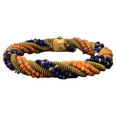 Bulgari Unusual Lapis Lazuli Coral and Woven Gold Bracelet, Circa 1960's