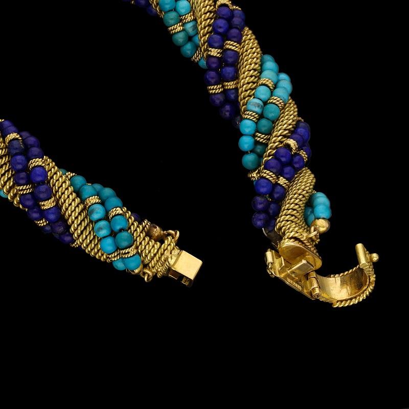 Bead Bulgari Unusual Turquoise, Lapis Lazuli and Woven Gold Bracelet, Circa 1960's