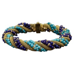 Retro Bulgari Unusual Turquoise, Lapis Lazuli and Woven Gold Bracelet, Circa 1960's