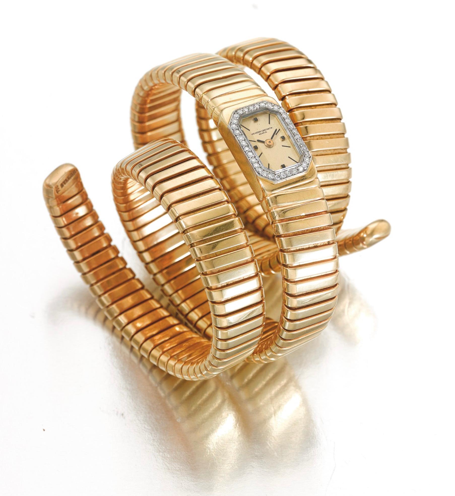 Women's Bulgari Vacheron Constantin Yellow Gold Diamond Tubogas Cuff Watch