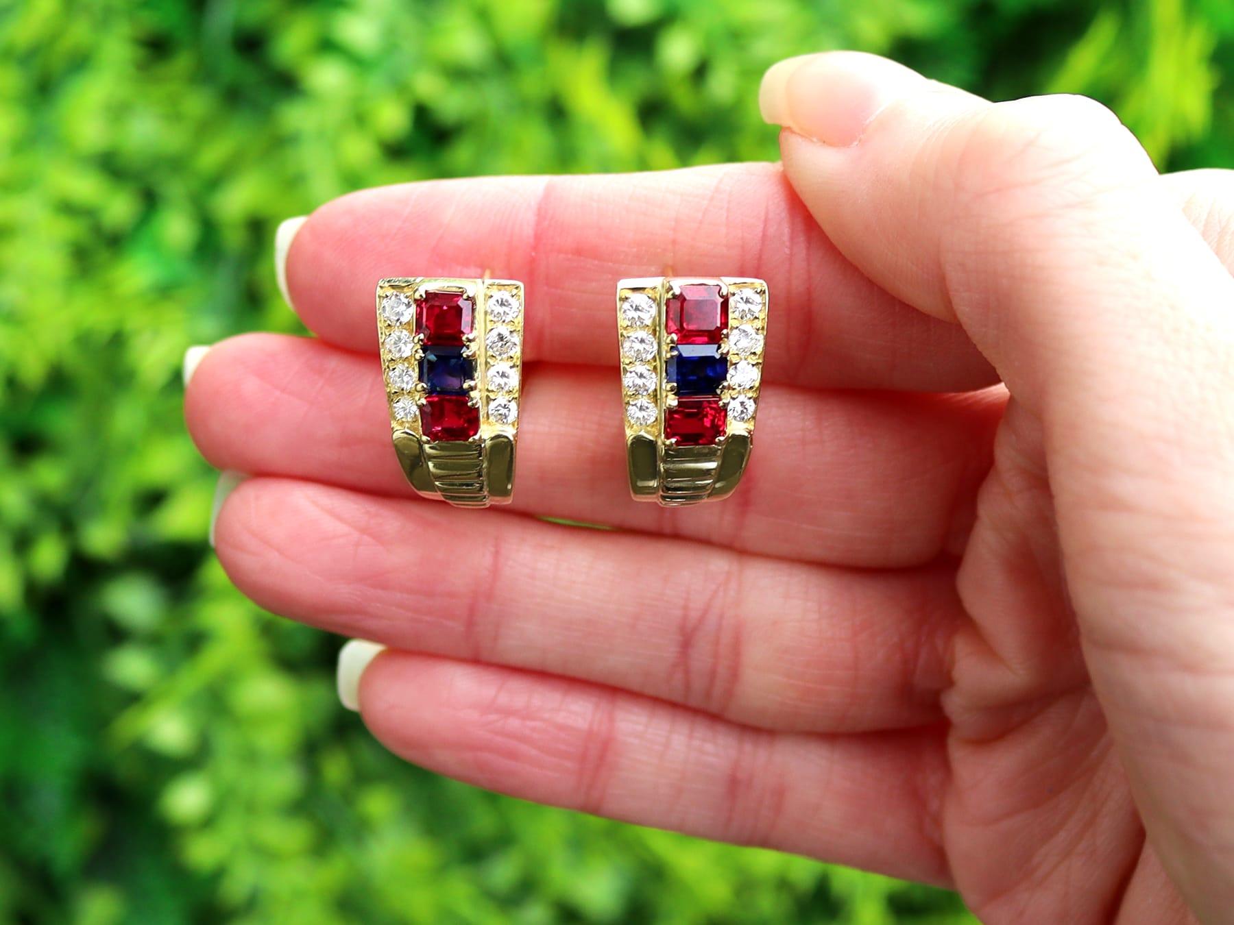 A stunning, fine and impressive pair of vintage 0.92 carat ruby and 0.65 carat sapphire, 0.64 carat diamond and 18 karat yellow gold earrings by Bulgari / Bvlgari; part of our diverse gemstone jewelry collections.

These fine and impressive