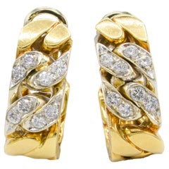 Bulgari Vintage 18 Karat Yellow Gold & Diamond Curb Link Hoop Earrings