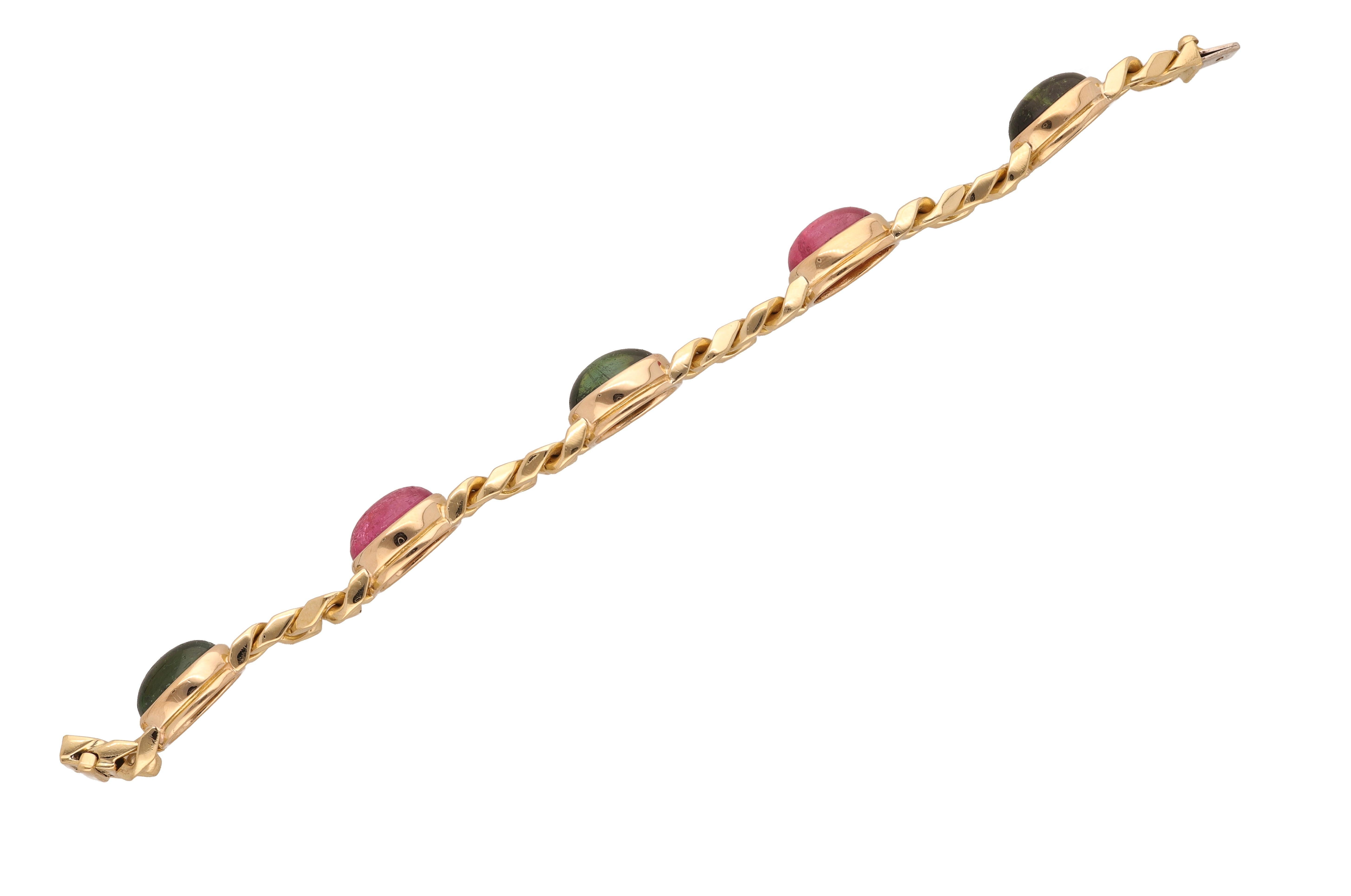 Cabochon Bulgari Vintage 18 Karat Yellow Gold Multicolored Tourmalines Chain Bracelet