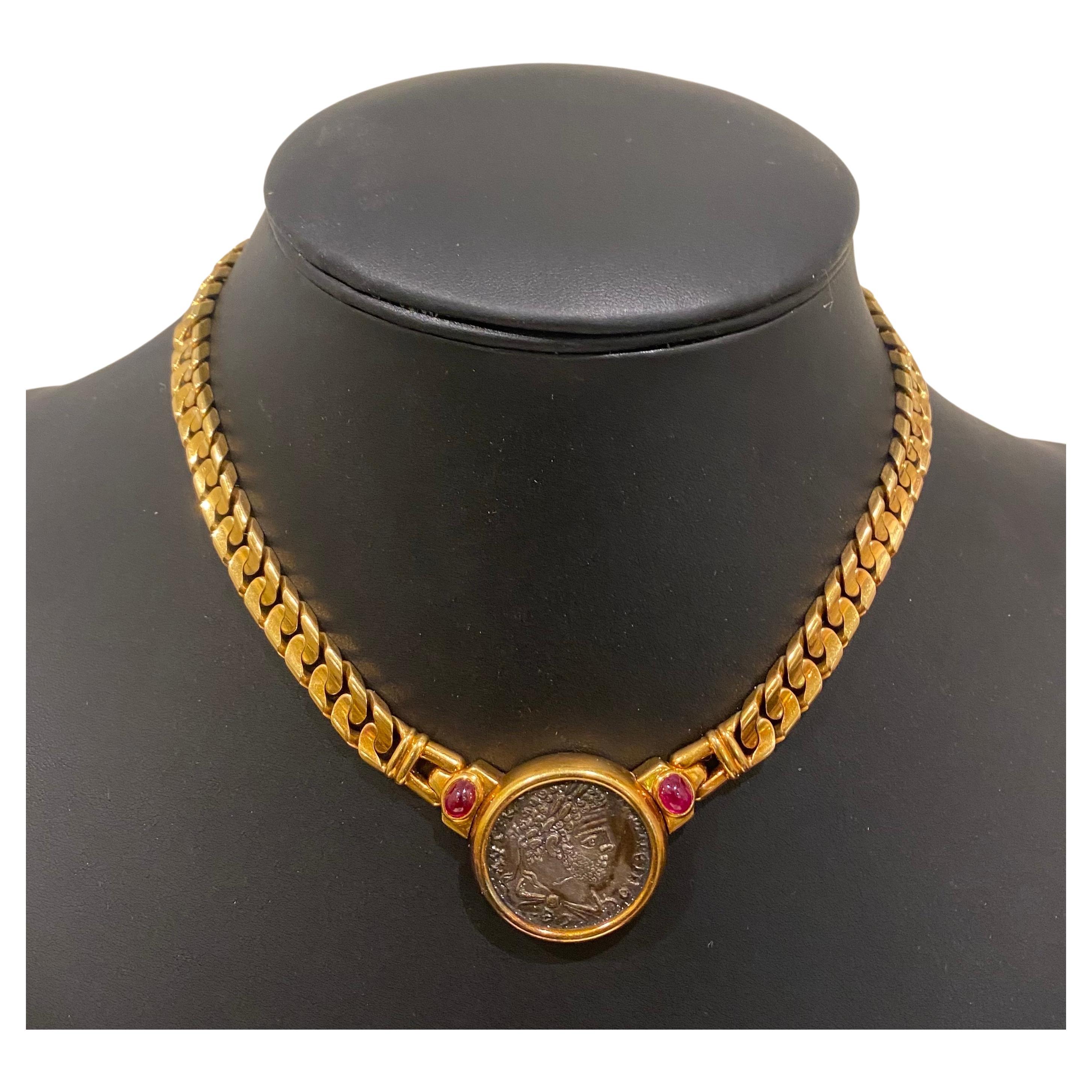 Bulgari Vintage Ancient Coin 18k Ruby Monete Necklace & Earrings Collet Set 3