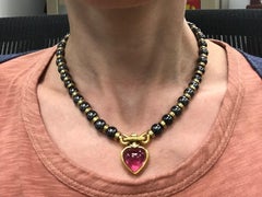 Bulgari Vintage Bead Yellow Gold Hematite Tourmaline Heart Necklace