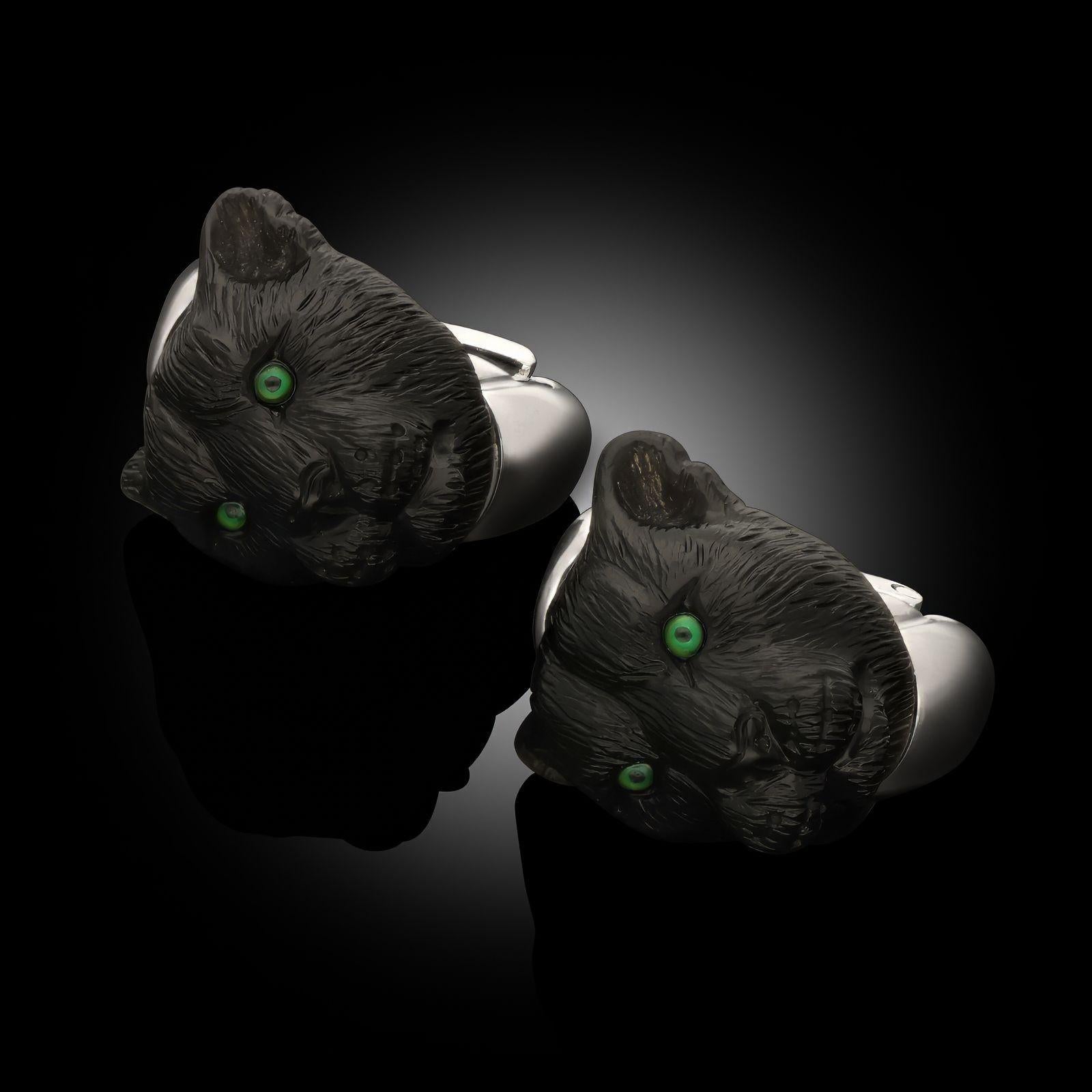 Rough Cut Bulgari Vintage Carved Onyx Black Panther Earrings Circa 1960 For Sale