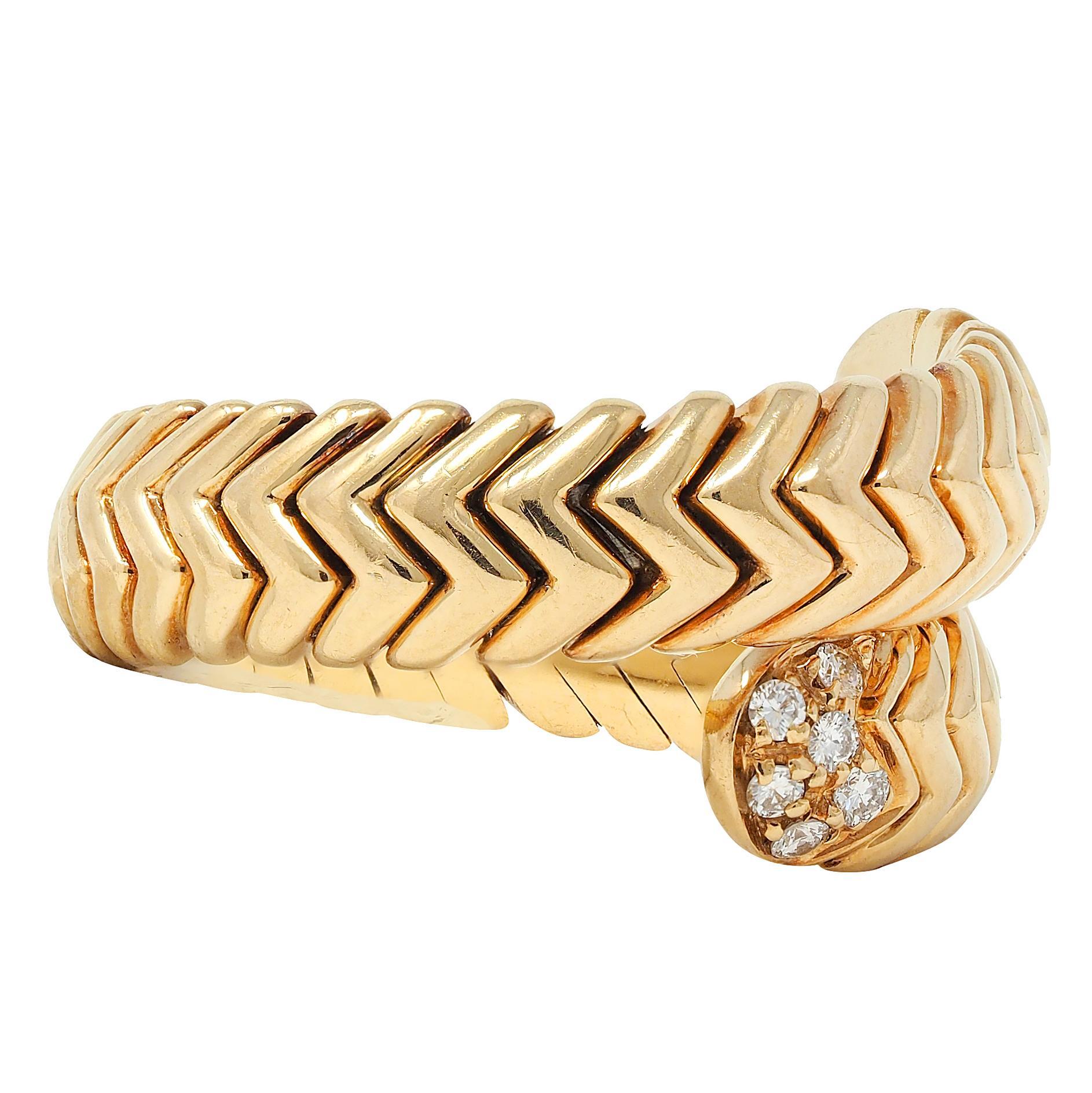Bulgari Vintage Diamond 18 Karat Yellow Gold Spiga Tubogas Bypass Ring In Excellent Condition In Philadelphia, PA