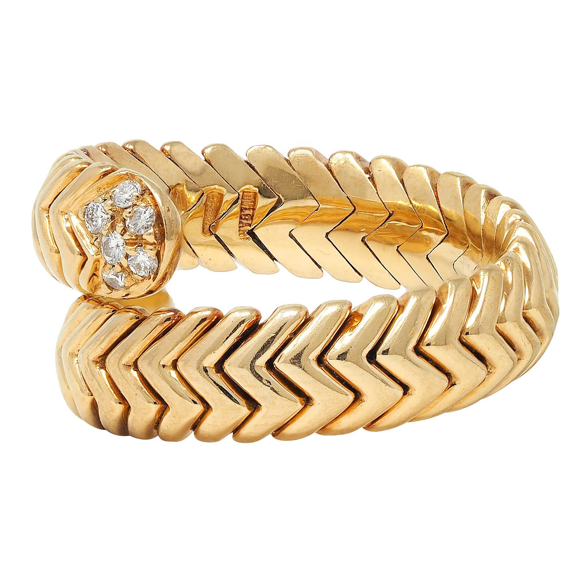 Bulgari Vintage Diamond 18 Karat Yellow Gold Spiga Tubogas Bypass Ring 1