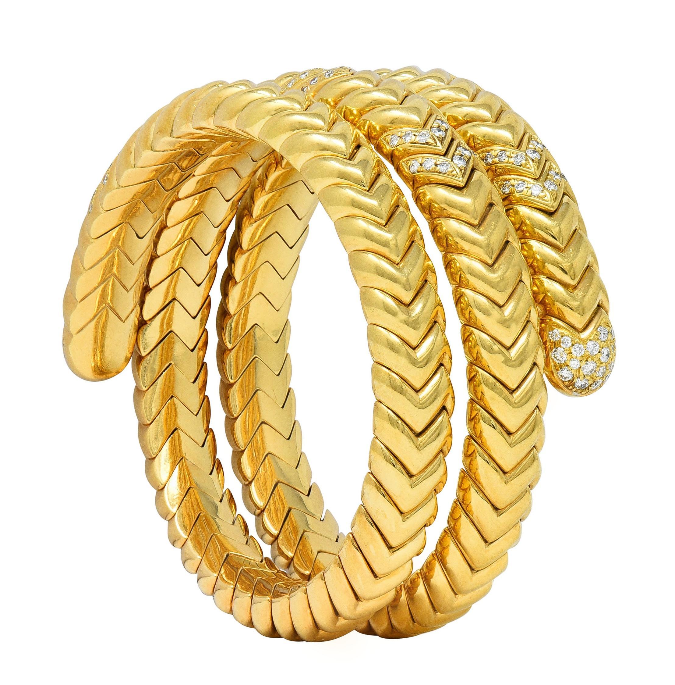 Bulgari Vintage Diamond 18 Karat Yellow Gold Spiga Tubogas Triple Wrap Bracelet For Sale 7