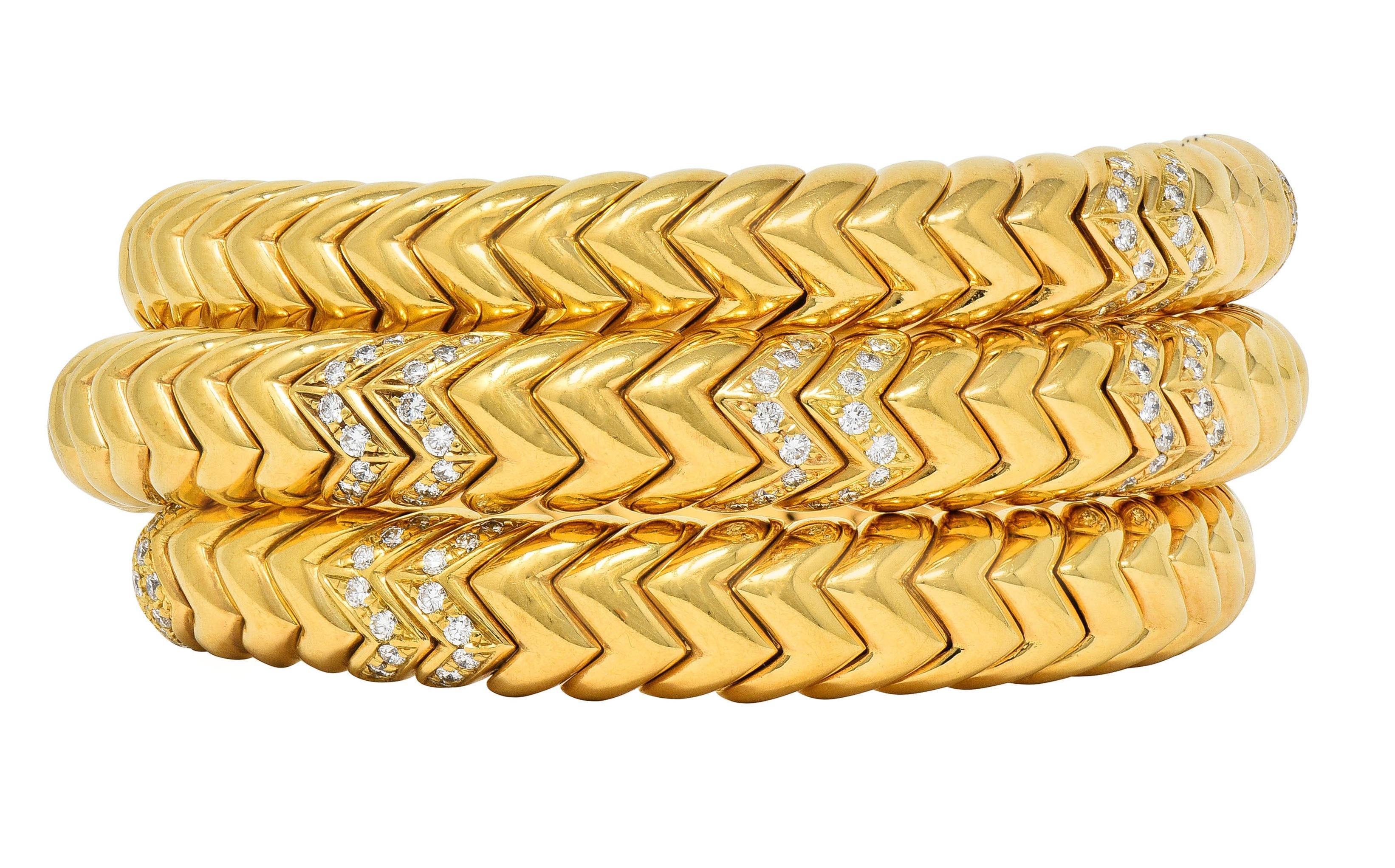 Brilliant Cut Bulgari Vintage Diamond 18 Karat Yellow Gold Spiga Tubogas Triple Wrap Bracelet For Sale