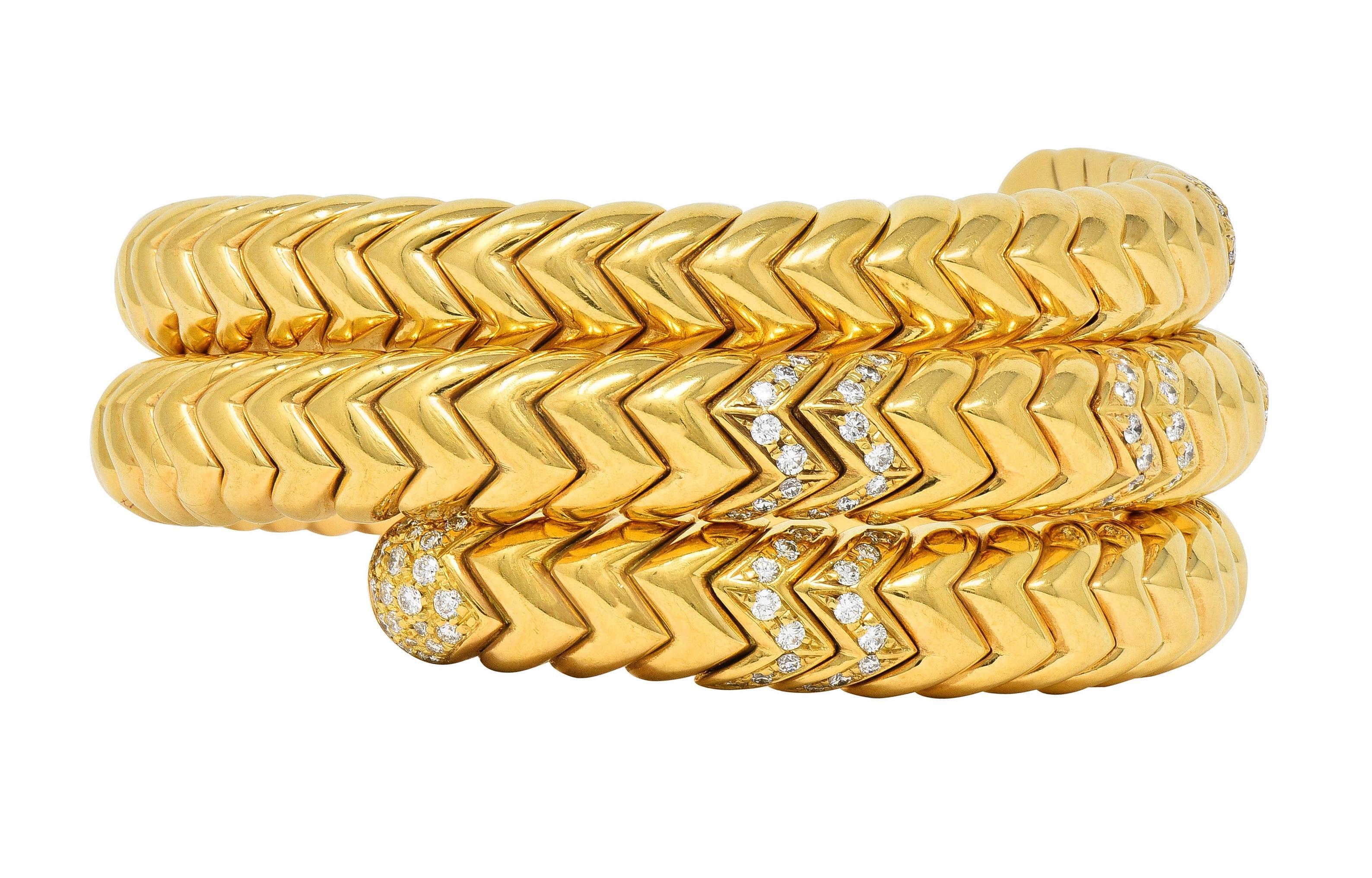 Bulgari Vintage Diamond 18 Karat Yellow Gold Spiga Tubogas Triple Wrap Bracelet In Excellent Condition For Sale In Philadelphia, PA
