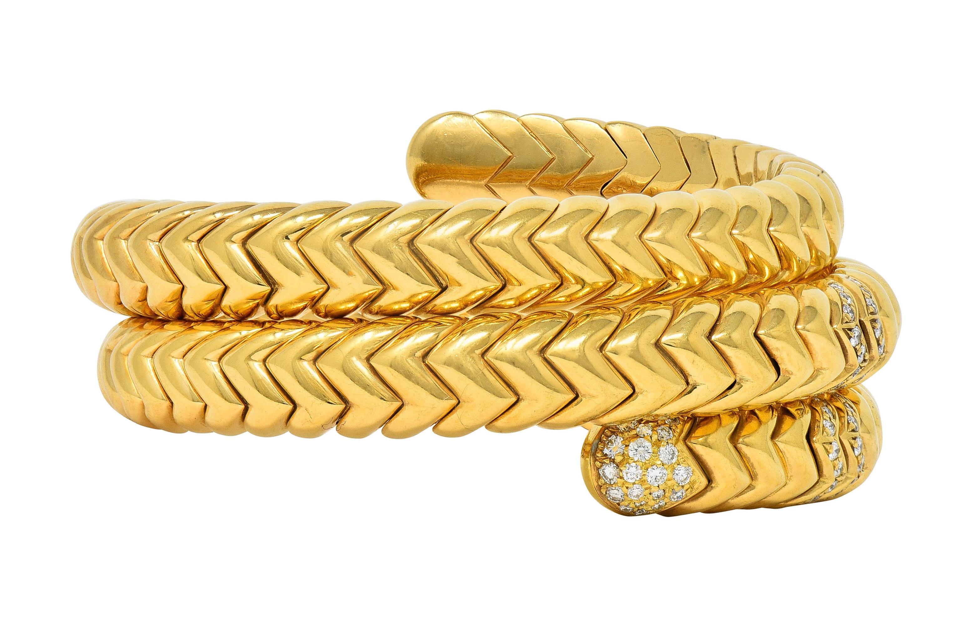 Women's or Men's Bulgari Vintage Diamond 18 Karat Yellow Gold Spiga Tubogas Triple Wrap Bracelet For Sale