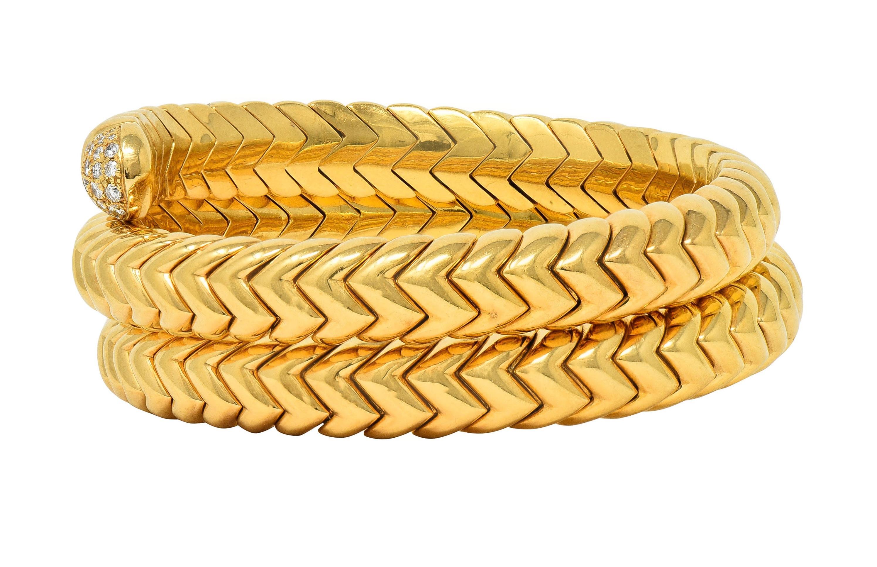 Bulgari Vintage Diamond 18 Karat Yellow Gold Spiga Tubogas Triple Wrap Bracelet For Sale 2