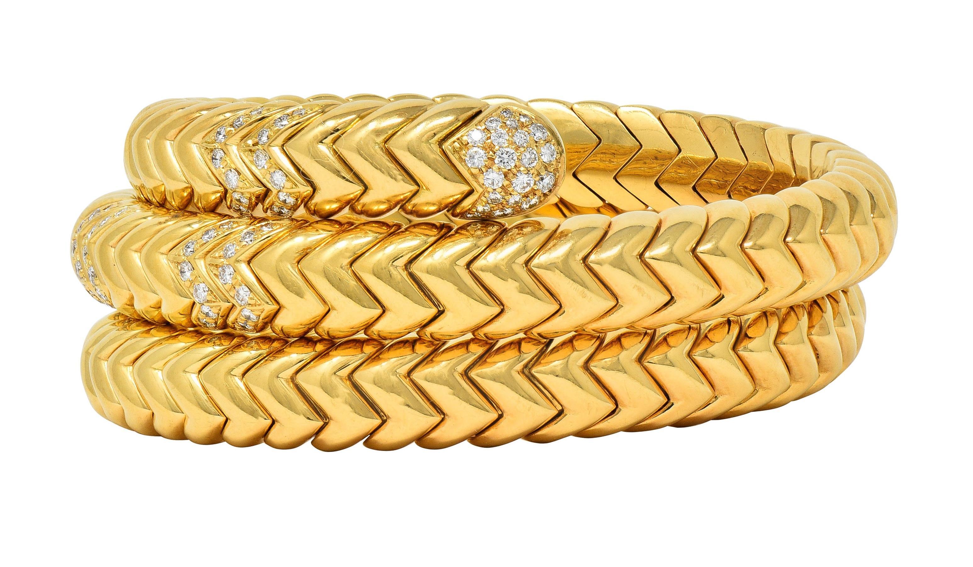 Bulgari Vintage Diamond 18 Karat Yellow Gold Spiga Tubogas Triple Wrap Bracelet For Sale 2