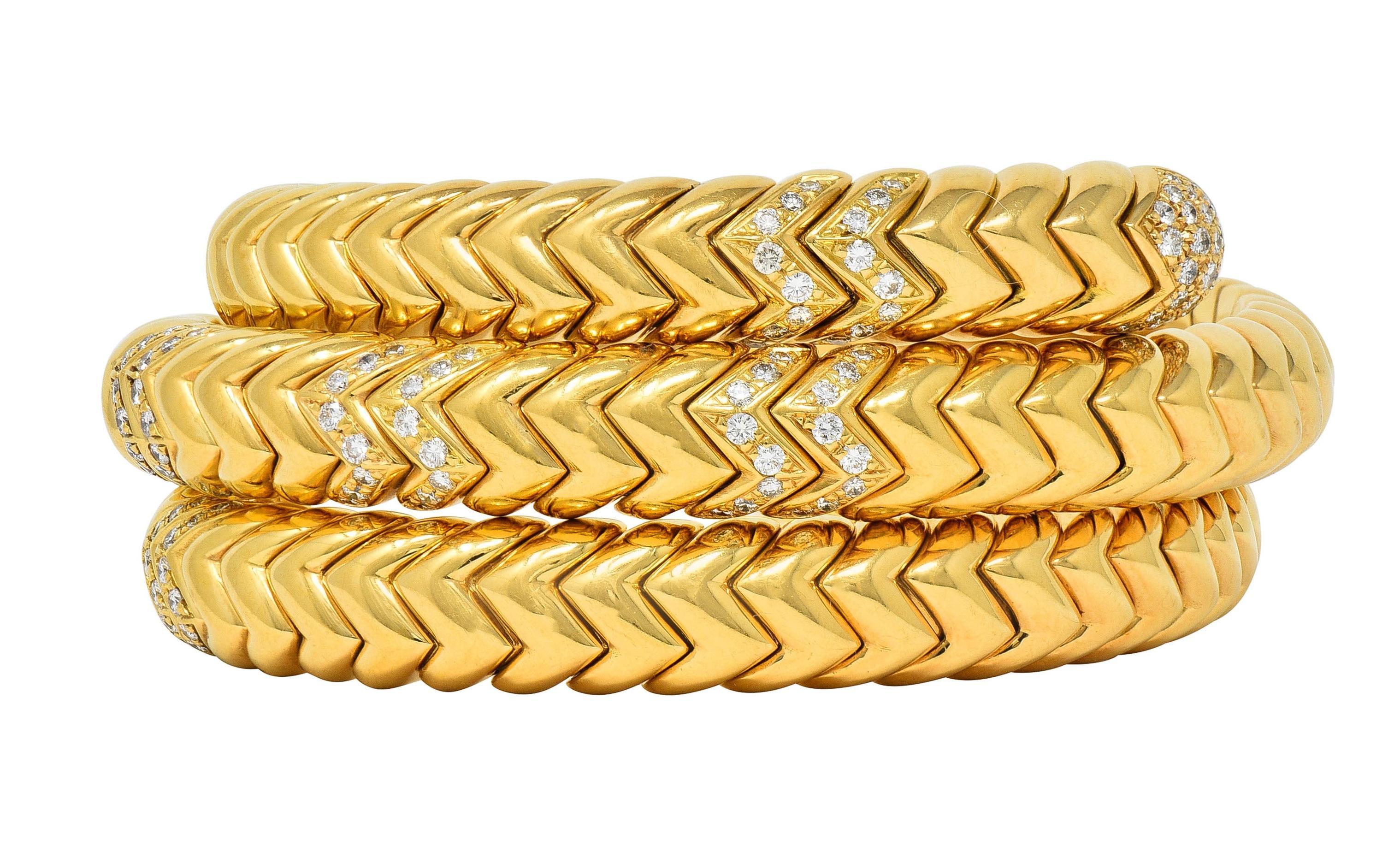 Bulgari Vintage Diamond 18 Karat Yellow Gold Spiga Tubogas Triple Wrap Bracelet For Sale 4