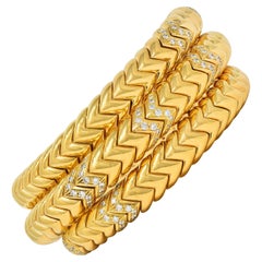Bulgari Vintage Diamond 18 Karat Yellow Gold Spiga Tubogas Triple Wrap Bracelet