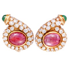 Bulgari Vintage Diamond Emerald and Ruby Yellow Gold Huggie Clip-On Earrings