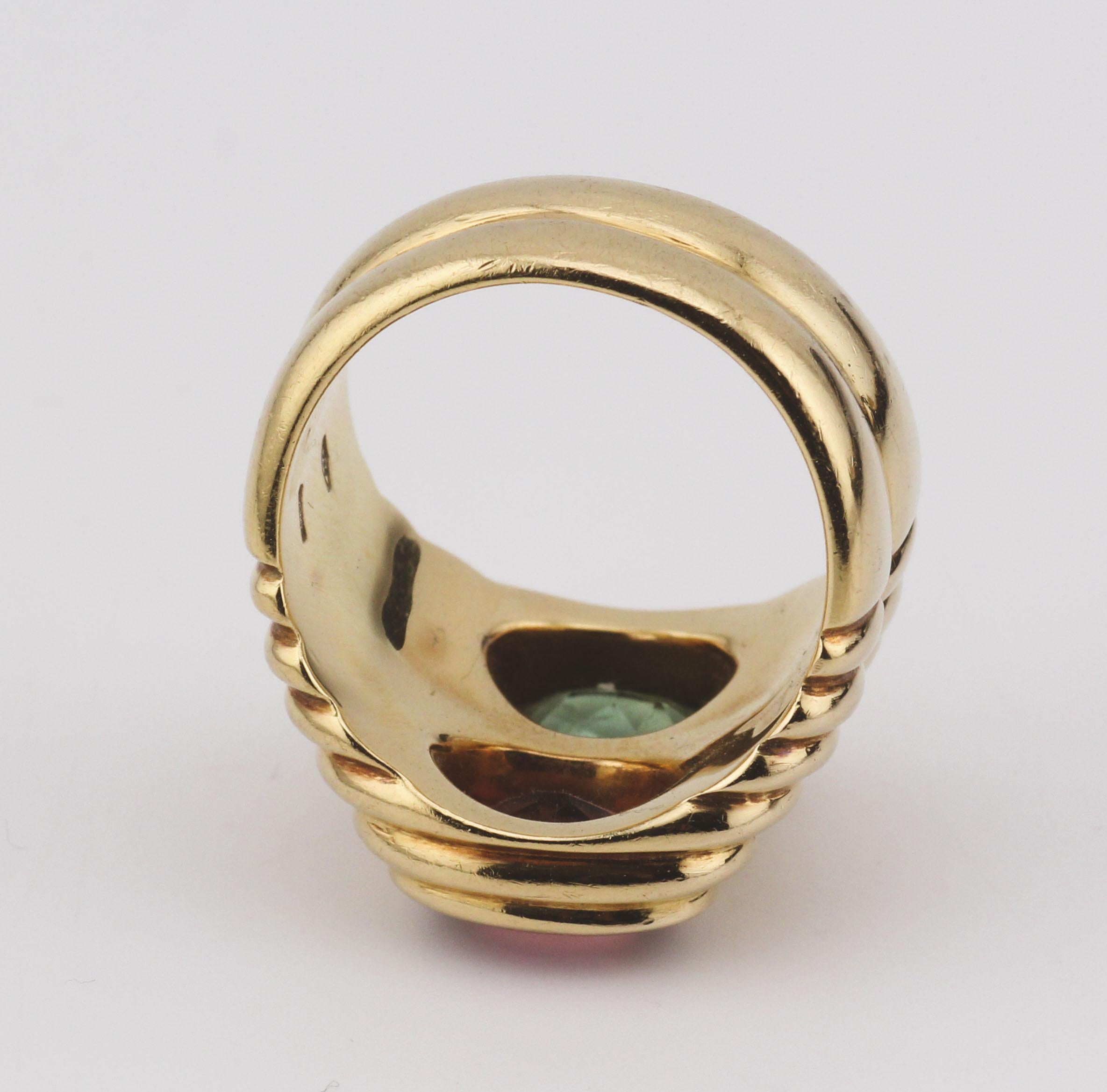 Bulgari Vintage Doppio Grün Rosa Turmalin 18k Gold Ring Größe 5,5 im Angebot 2