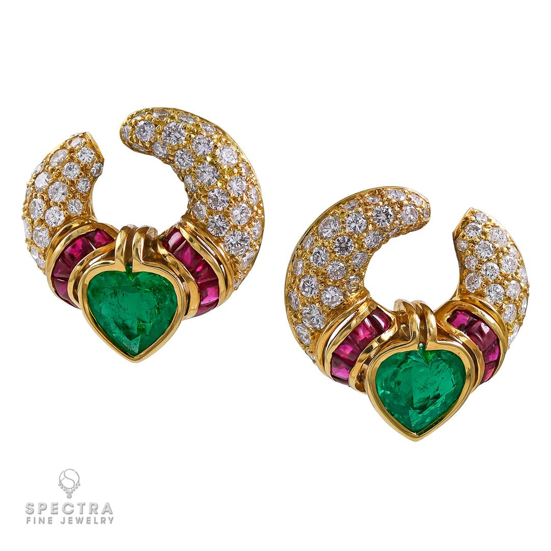 Heart Cut Bulgari Vintage Colombian Emerald Ruby Diamond Earrings, circa 1980s For Sale