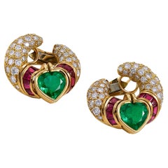 Bulgari Vintage Colombian Emerald Ruby Diamond Earrings, circa 1980s