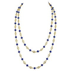 Bulgari Vintage Gold Link Blue Enamel Bead Necklace