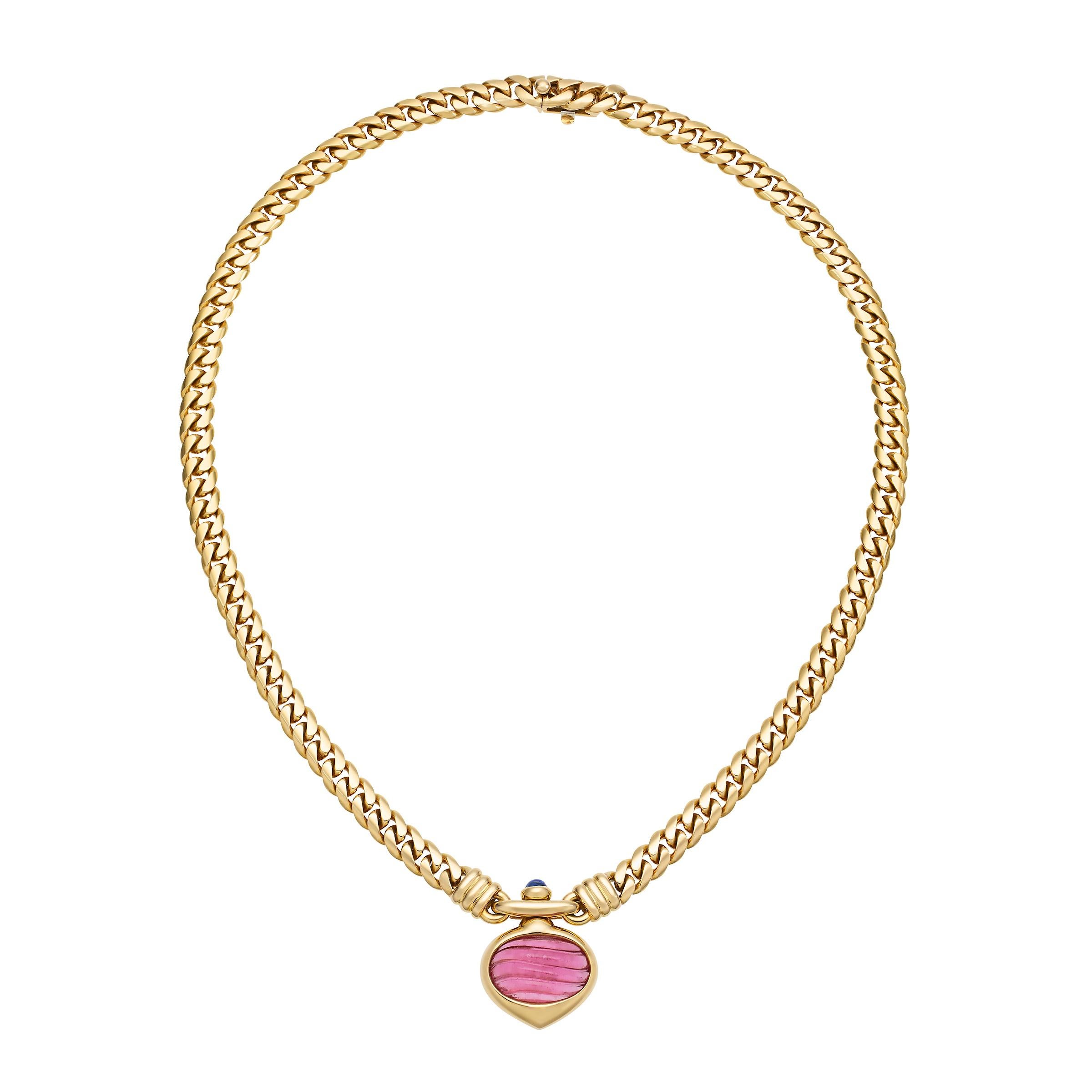 Bulgari Vintage Große Rosa Turmalin und Saphir 18K Gold Curb-Link Halskette (Gemischter Schliff) im Angebot