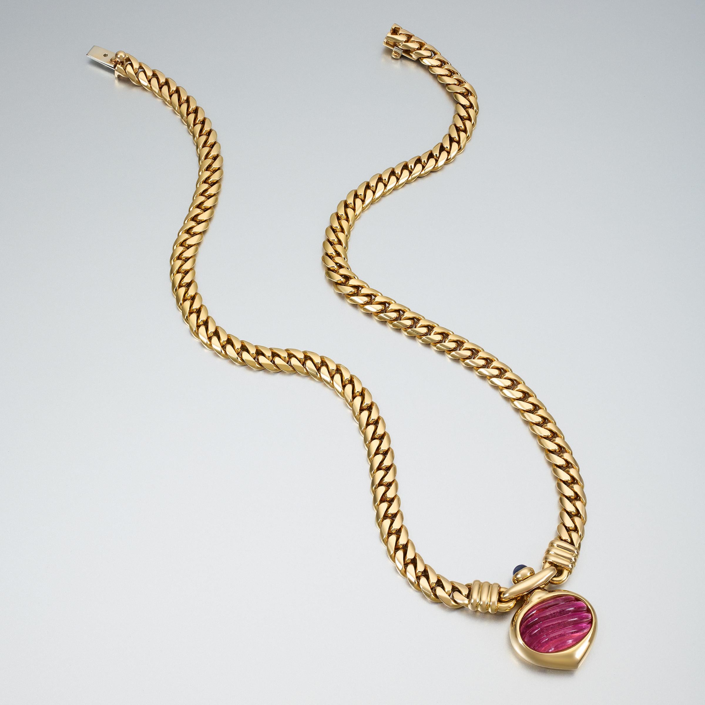 Bulgari Vintage Große Rosa Turmalin und Saphir 18K Gold Curb-Link Halskette Damen im Angebot