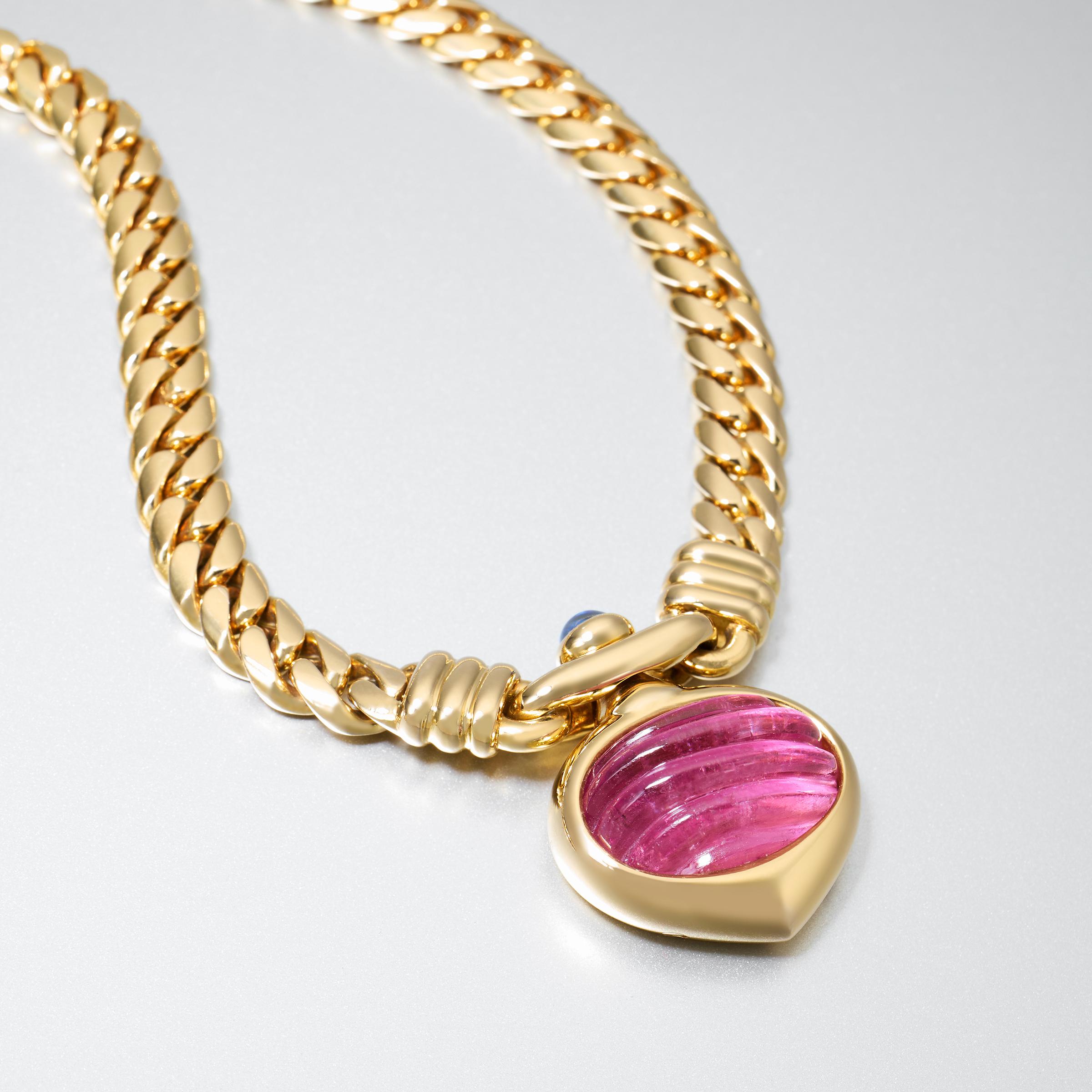 Bulgari Vintage Große Rosa Turmalin und Saphir 18K Gold Curb-Link Halskette im Angebot 1