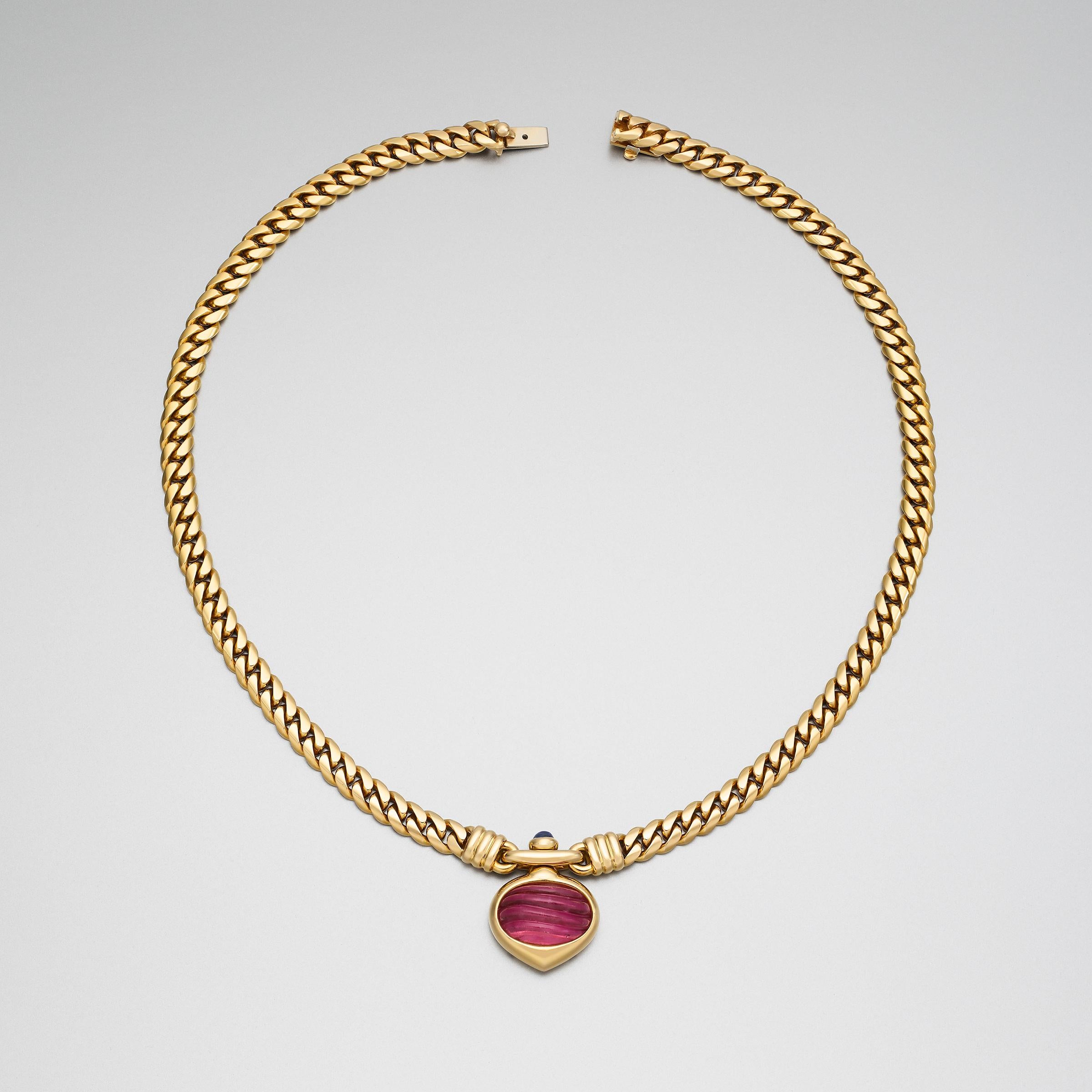 Bulgari Vintage Große Rosa Turmalin und Saphir 18K Gold Curb-Link Halskette im Angebot 2