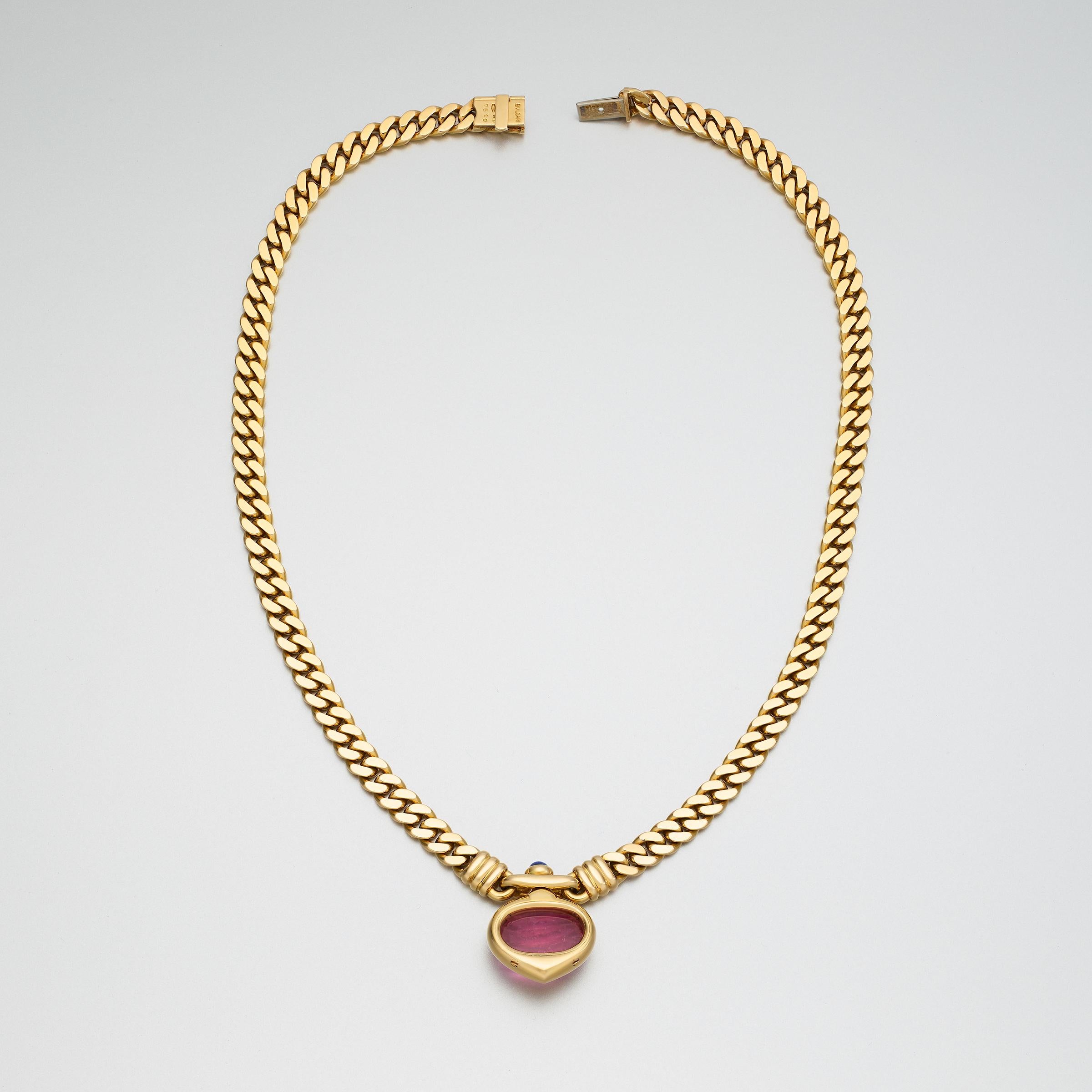 Bulgari Vintage Große Rosa Turmalin und Saphir 18K Gold Curb-Link Halskette im Angebot 4