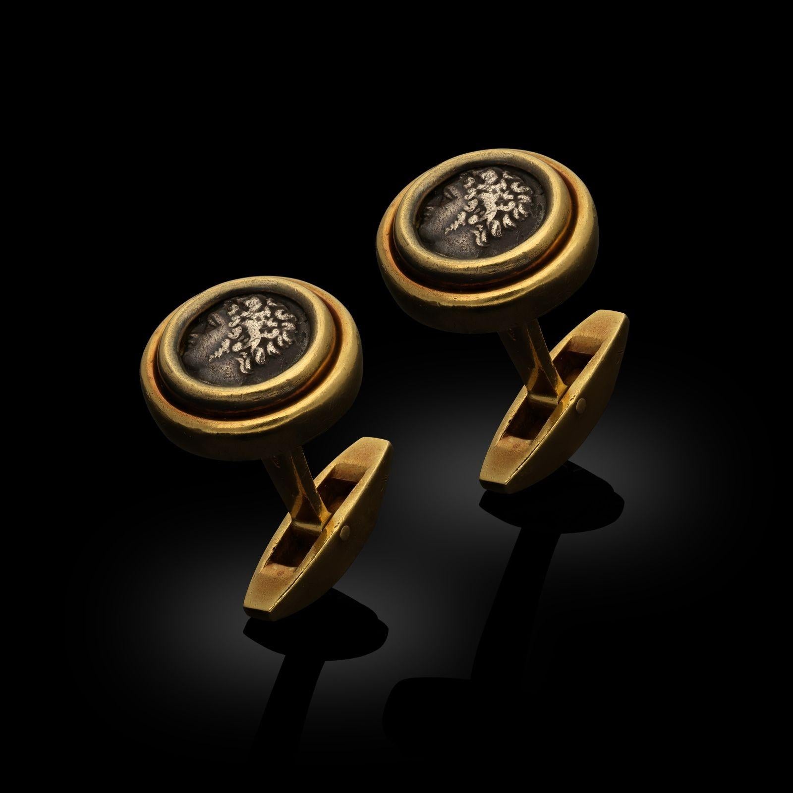 Bulgari Vintage Monete Cufflinks With Ancient Silver Coins In 18ct Yellow Gold In Good Condition In London, GB