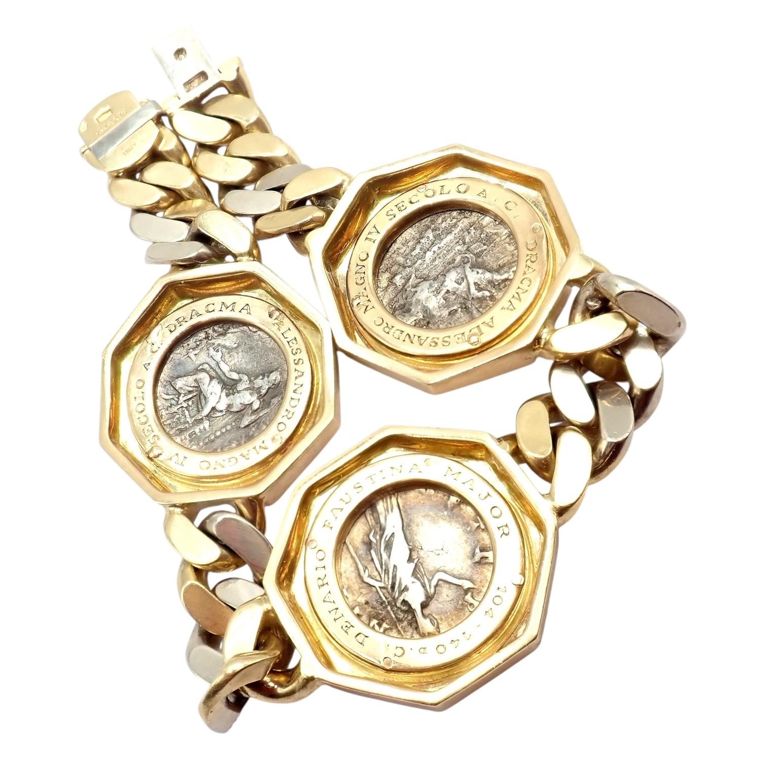 Bulgari Vintage Monete Three Large Ancient Coin Diamond Gold Link Bracelet in vendita 10