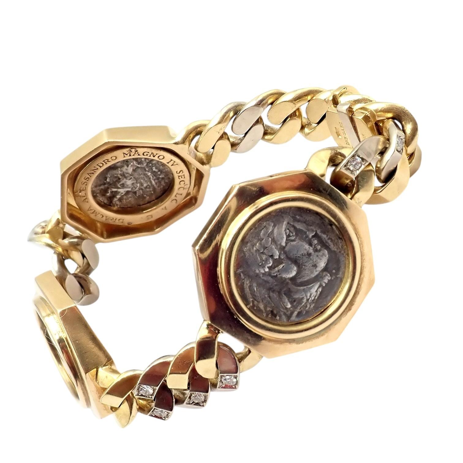 Bulgari Vintage Monete Three Large Ancient Coin Diamond Gold Link Bracelet In condizioni ottime in vendita a Southampton, PA