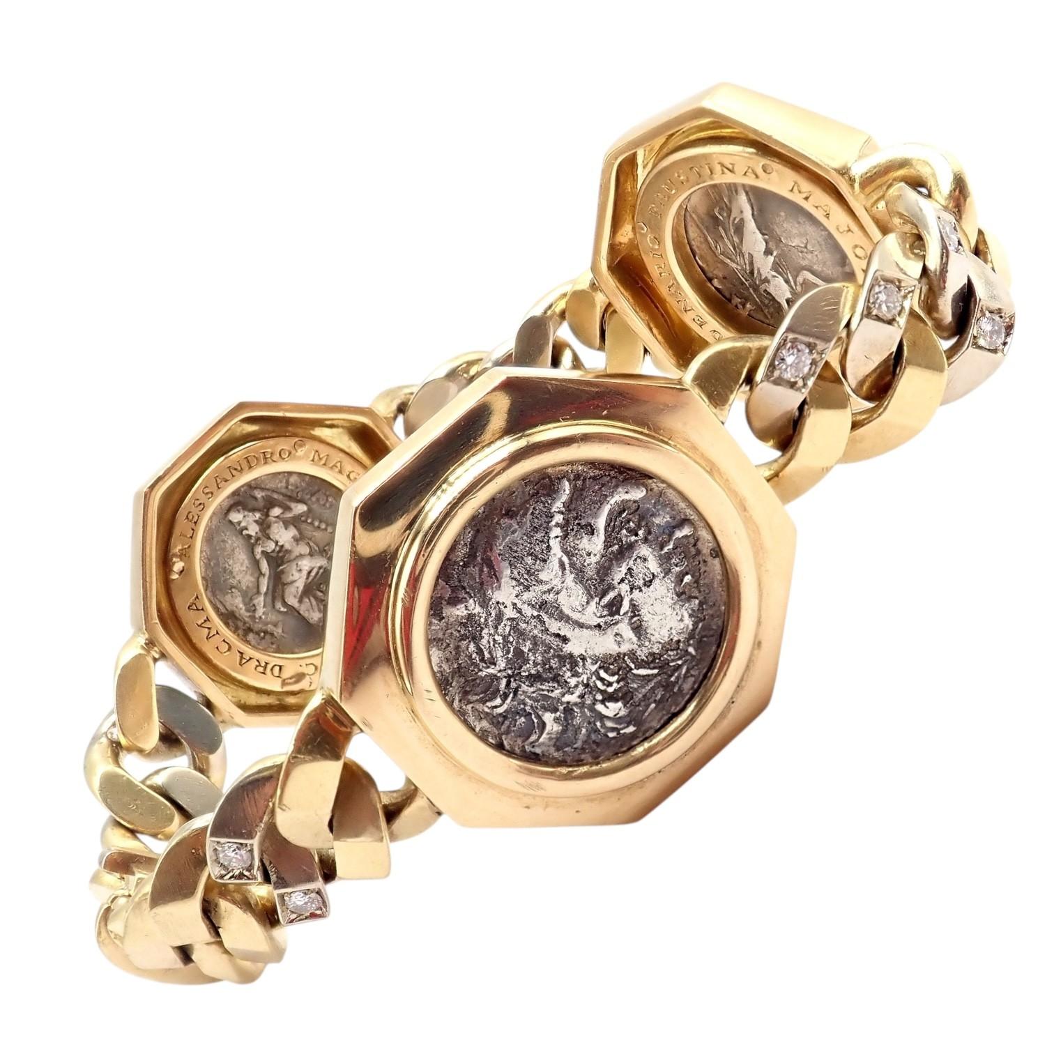 da uomo o donna Bulgari Vintage Monete Three Large Ancient Coin Diamond Gold Link Bracelet in vendita