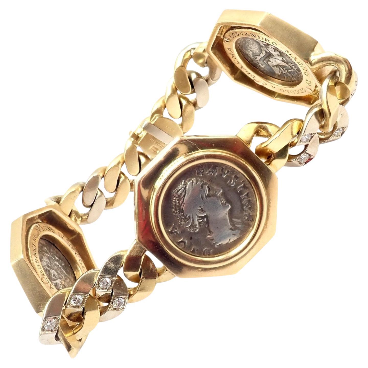 Bulgari Vintage Monete Three Large Ancient Coin Diamond Gold Link Bracelet