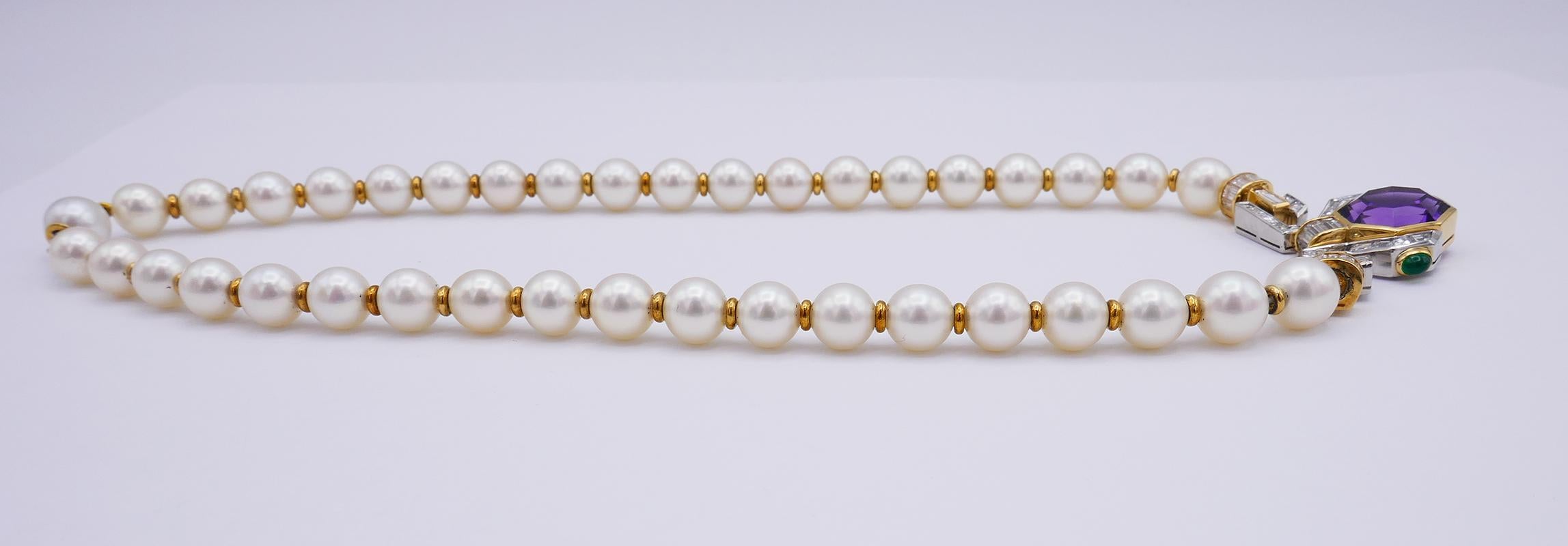 Bulgari Vintage Necklace 18k Gold Akoya Pearl Gemstones In Good Condition In Beverly Hills, CA