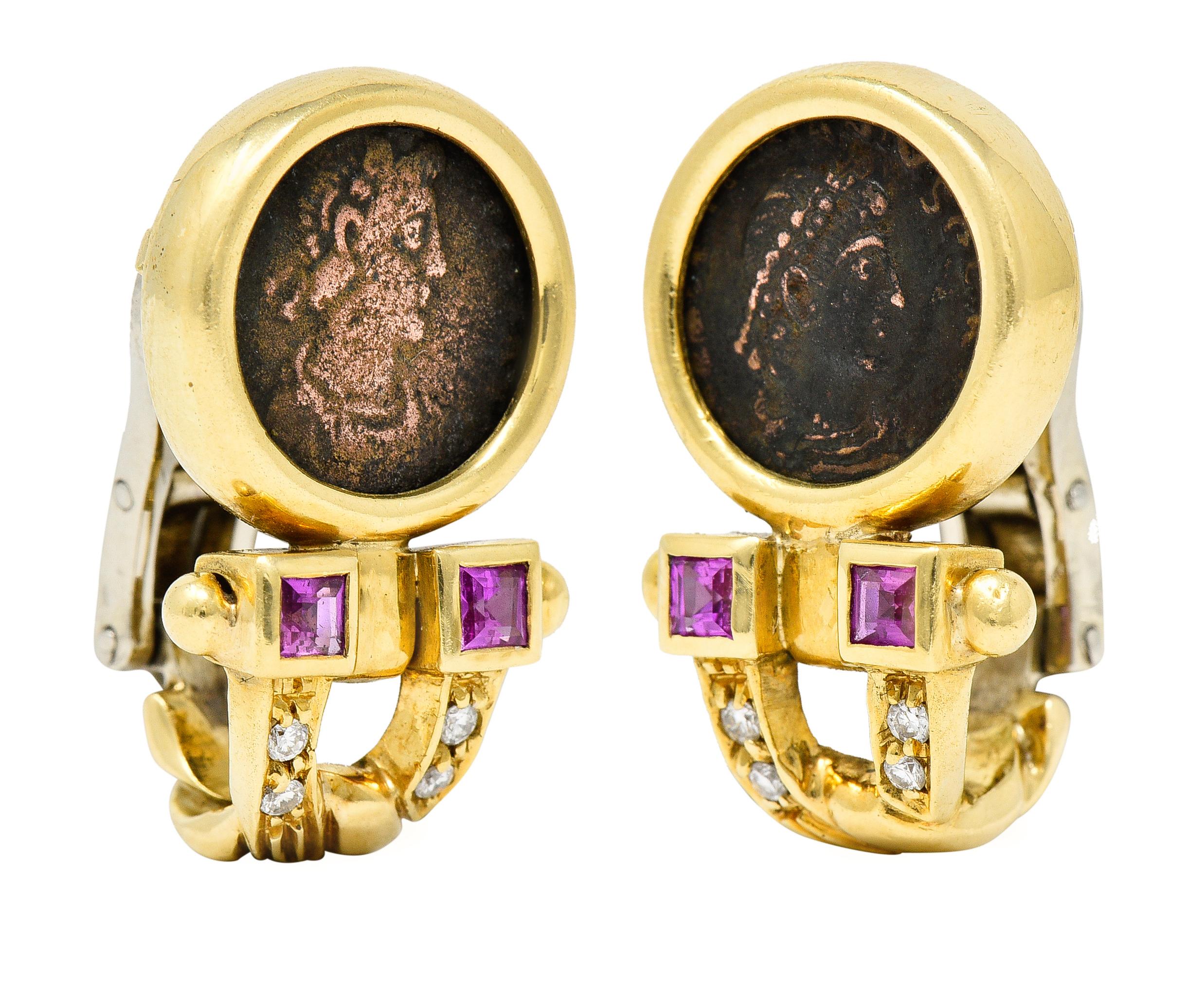 Women's or Men's Bulgari Vintage Pink Sapphire Diamond Ancient Coin 18 Karat Gold Monet Earrings