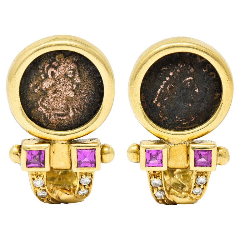 Bulgari Vintage Pink Sapphire Diamond Ancient Coin 18 Karat Gold Monet Earrings For Sale