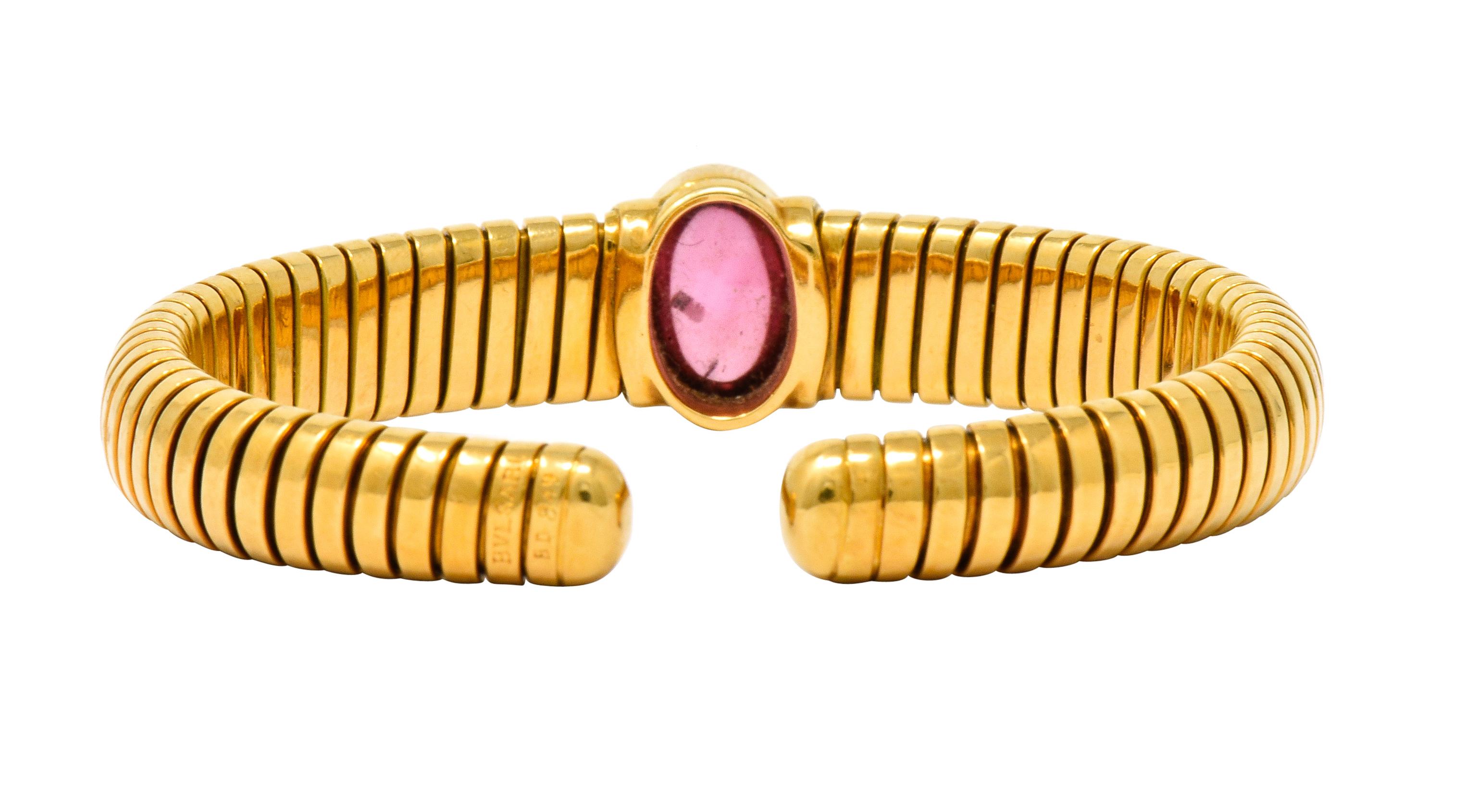 Bulgari Vintage Pink Tourmaline 18 Karat Gold Tubogas Cuff Bracelet In Excellent Condition In Philadelphia, PA