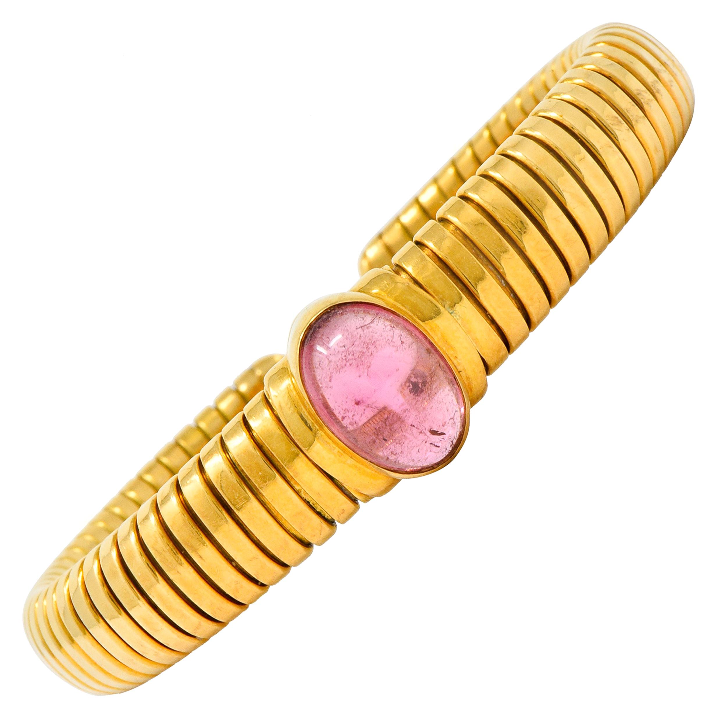 Bulgari Vintage Pink Tourmaline 18 Karat Gold Tubogas Cuff Bracelet