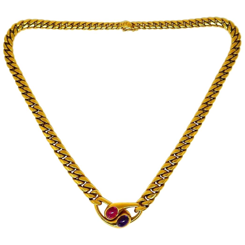 Bulgari Vintage Pink Tourmaline Amethyst Yellow Gold Chain Necklace