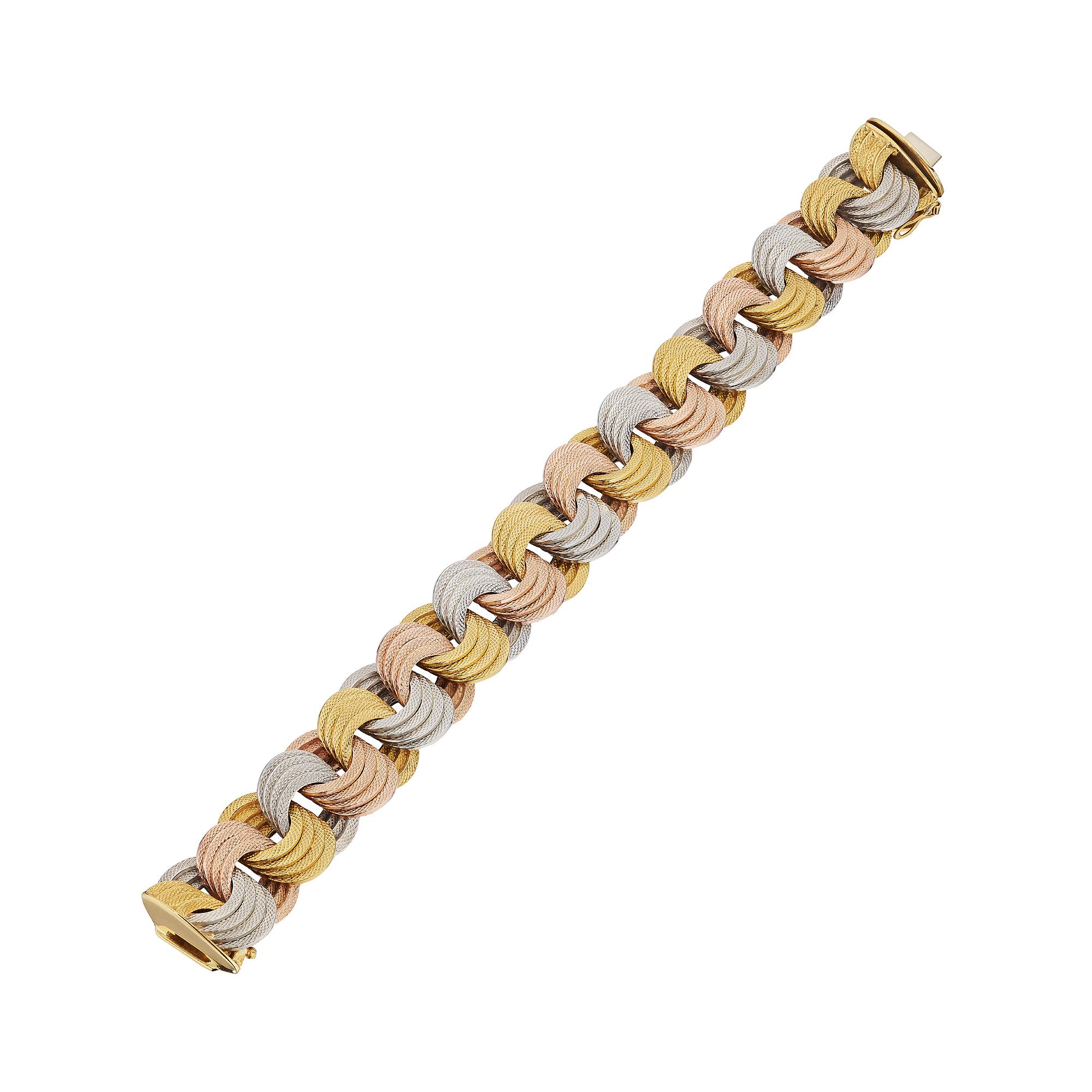 Bulgari Vintage Rose White Yellow Engraved Circular Link Bracelet In Excellent Condition For Sale In Greenwich, CT