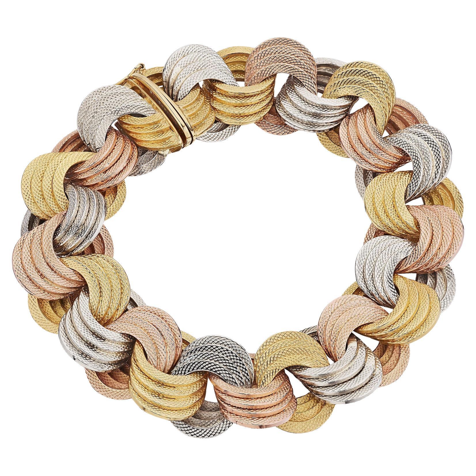 Bulgari Vintage Rose White Yellow Engraved Circular Link Bracelet