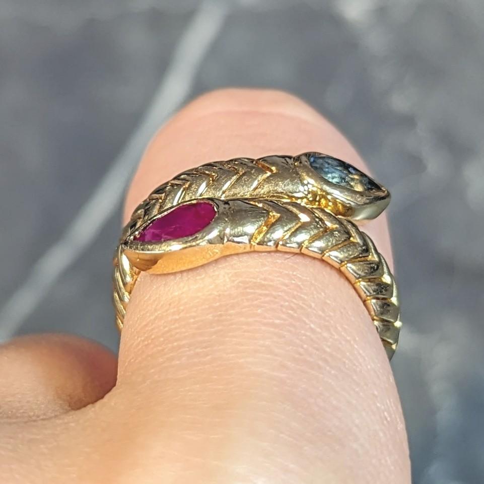 Bulgari Vintage Ruby Topaz 18 Karat Yellow Gold Spiga Tubogas Bypass Ring 7