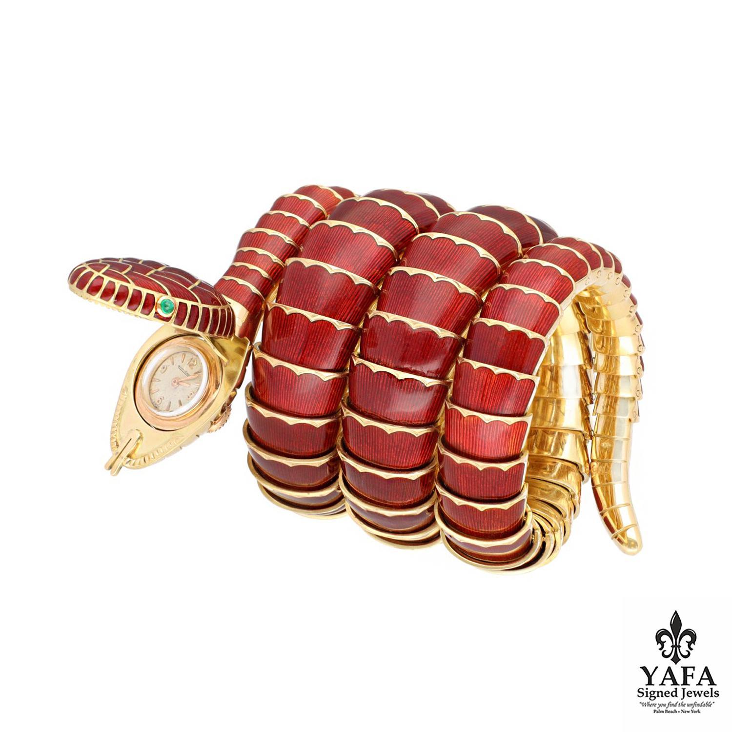 Quintessentially BULGARI and Crafted During the Golden Age of the 1960's, This Iconic Serpenti Bracelet and Timepiece is Designed as a Coiled Serpent. Crafted in 18K Yellow Gold Segments and Adorned with Deep Red Translucent Enamel and Eyes of Round