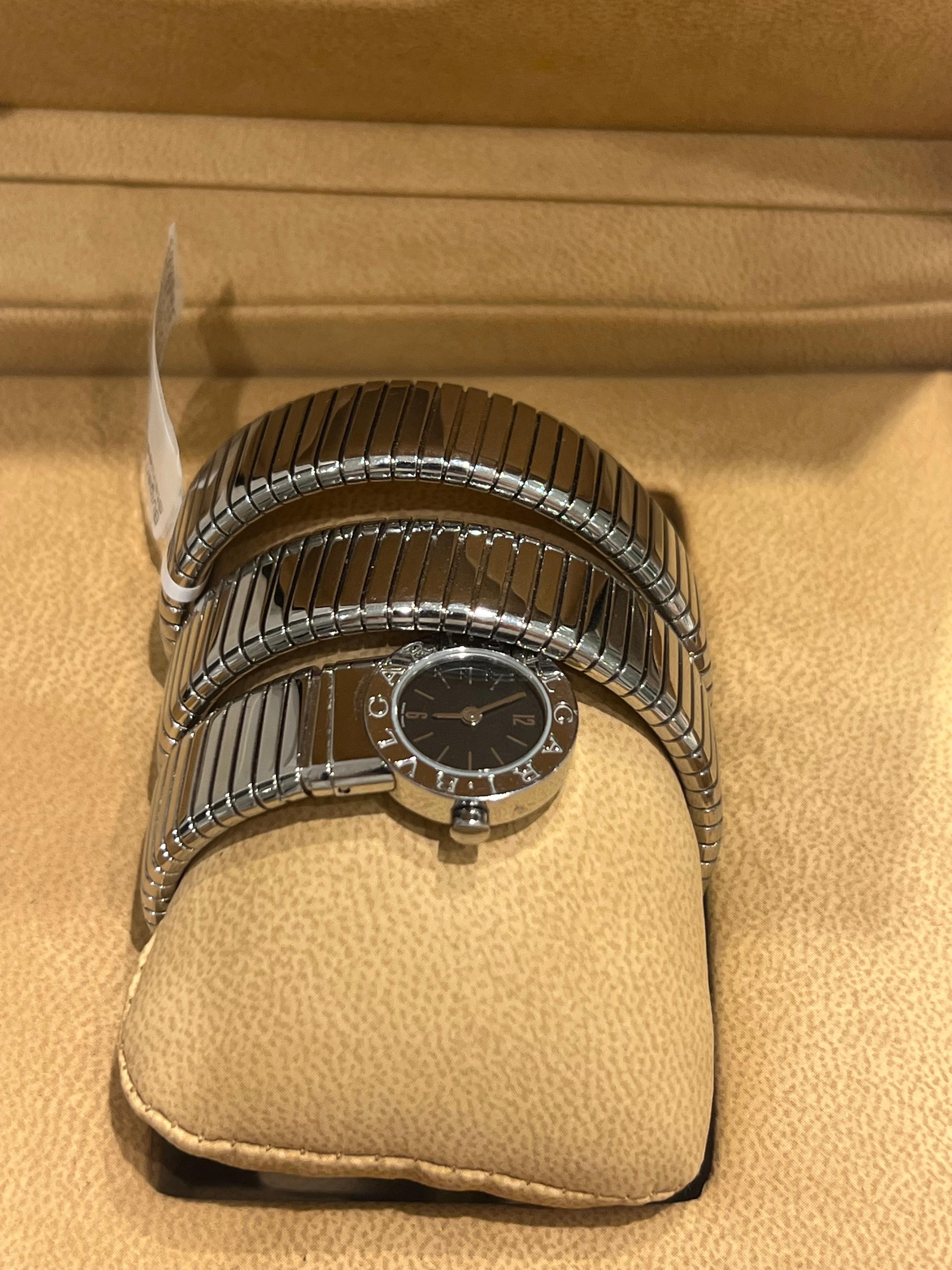 Vintage Bulgari Serpenti Tubogas Stainless Steel Double Coil Watch Original Box For Sale 5