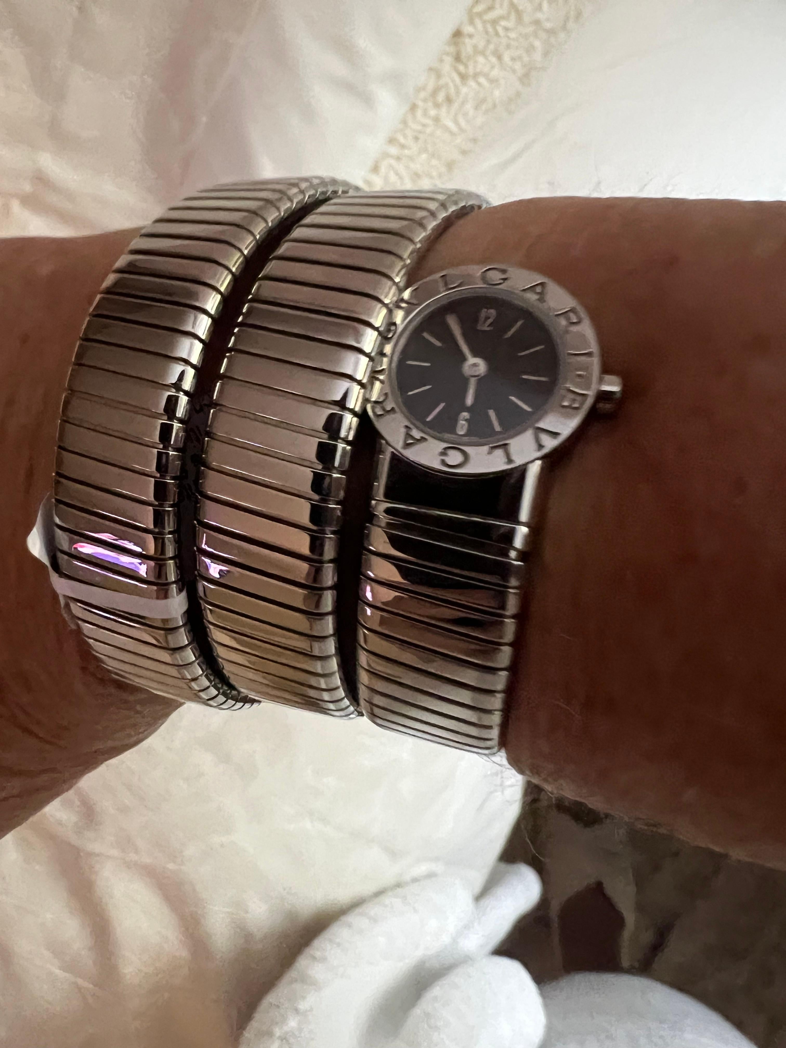 Women's Vintage Bulgari Serpenti Tubogas Stainless Steel Double Coil Watch Original Box For Sale