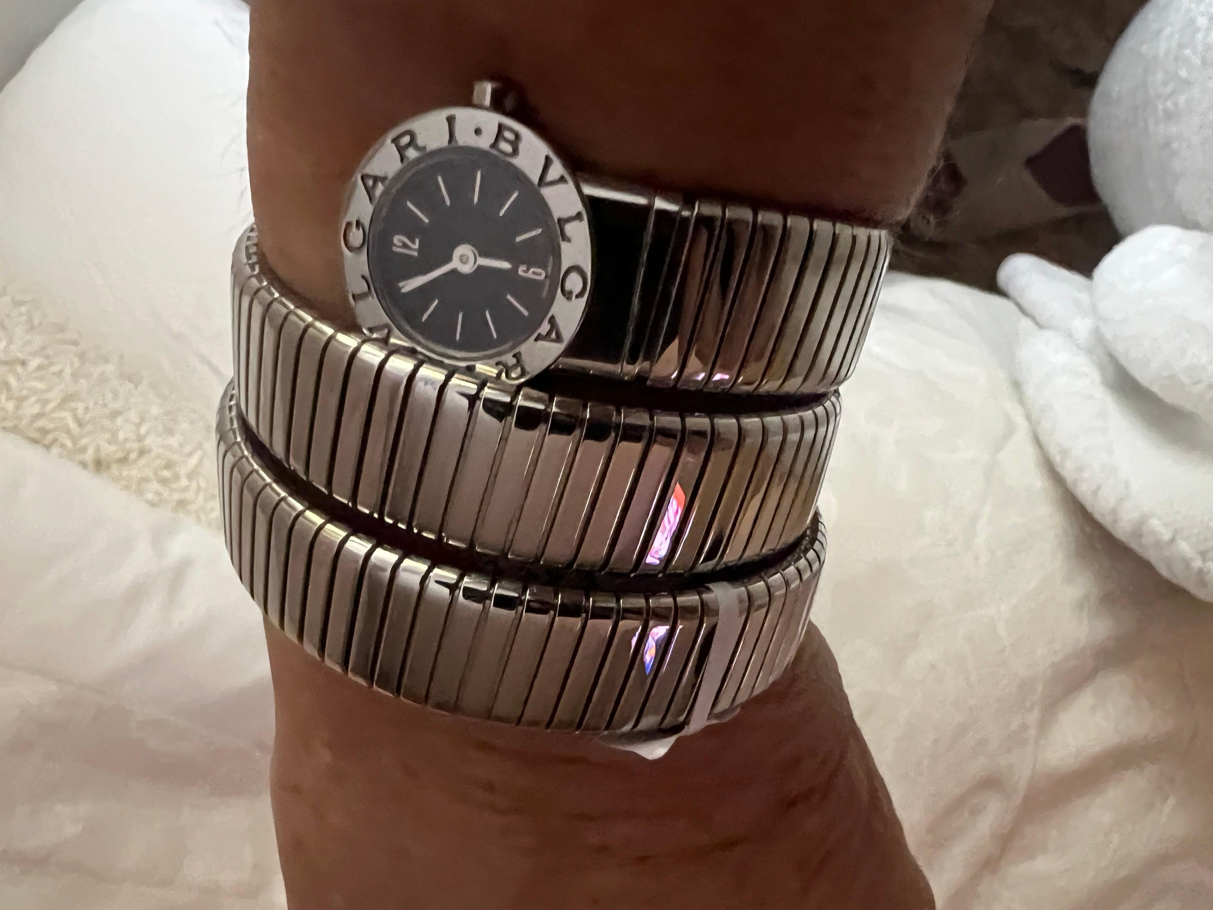 Vintage Bulgari Serpenti Tubogas Stainless Steel Double Coil Watch Original Box For Sale 1