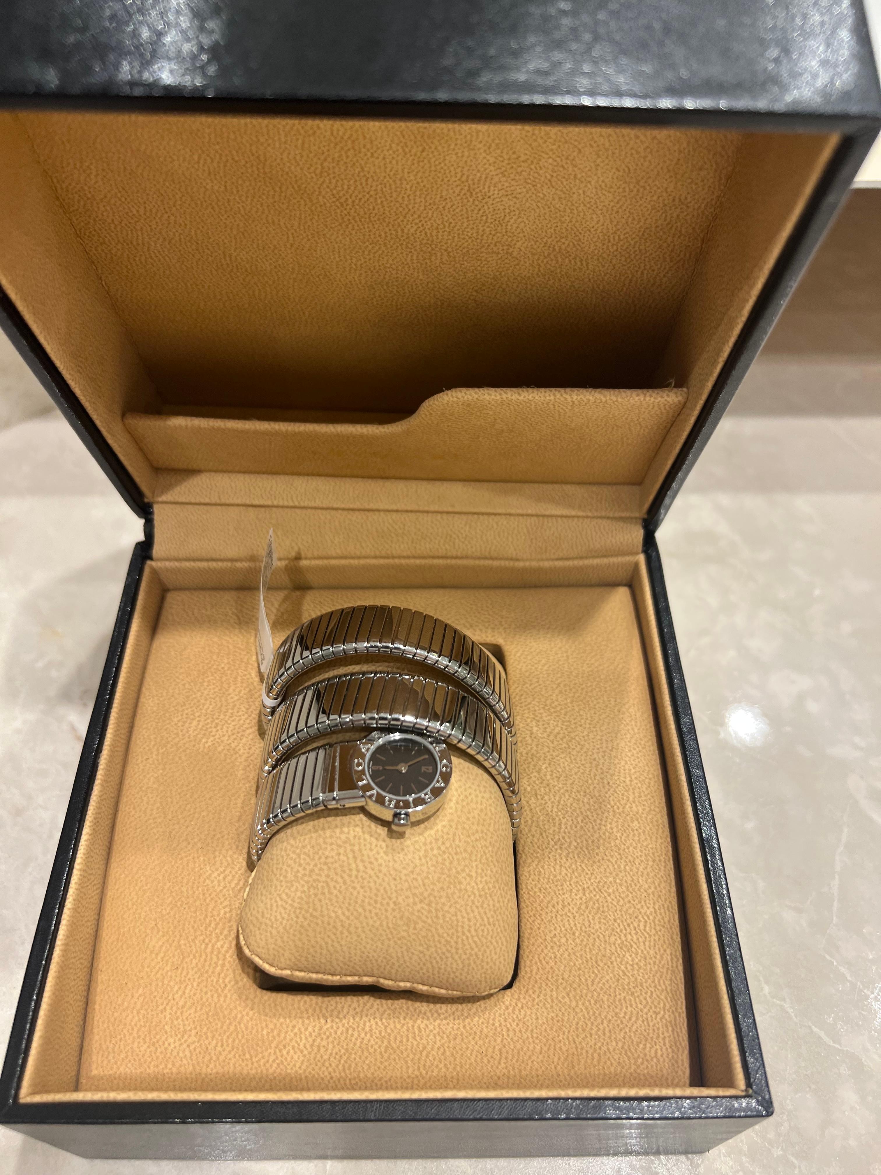Vintage Bulgari Serpenti Tubogas Stainless Steel Double Coil Watch Original Box For Sale 4