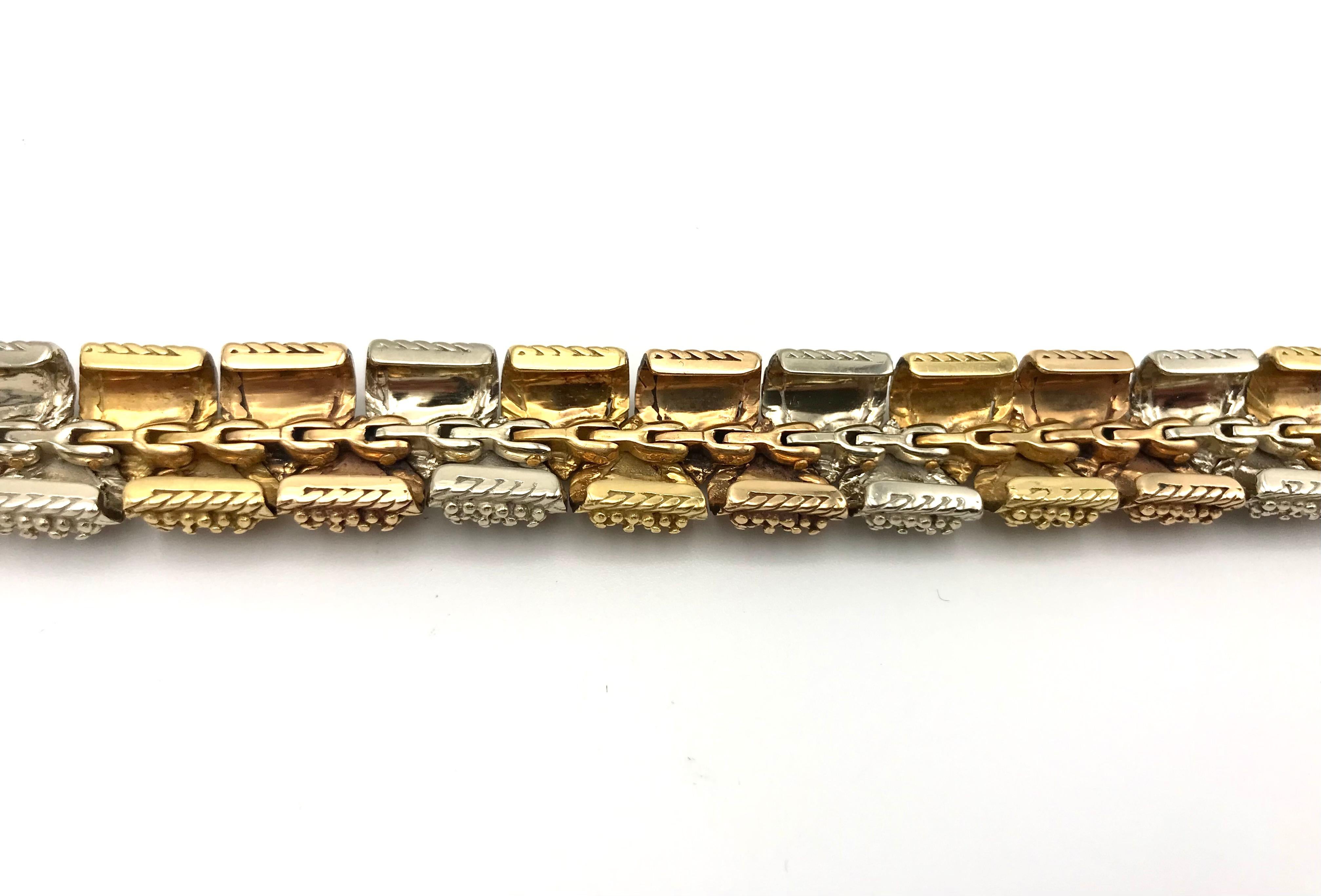 Bulgari Vintage Tri-Color Textured Gold Bracelet In Excellent Condition For Sale In Beverly Hills, CA